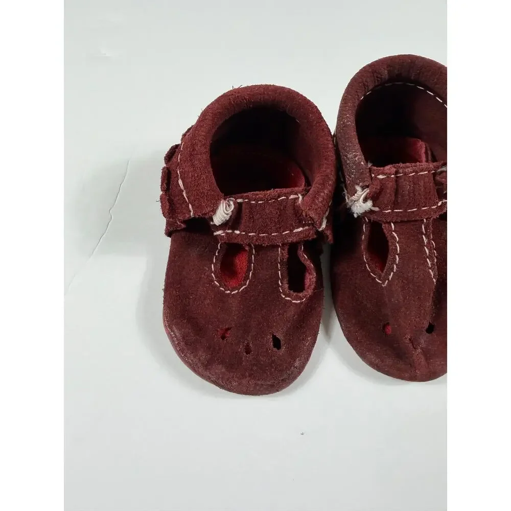 Freshly Picked Oxblood Leather T-Strap Soft Sole Baby Shoes Moccasins Size 2